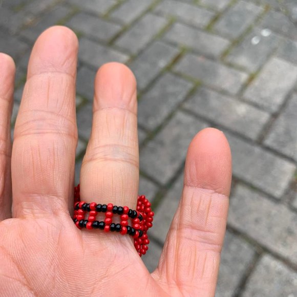 🌷3 for$20🌷Handmade, Red & Black 5 Petal Flower Ring, Fits Up To Ring Size 8 - Picture 8 of 8